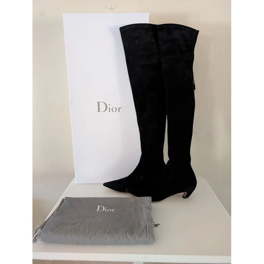Christian Dior Black Suede Over The Knee Boots Kitten Heel Made In Italy Size 40